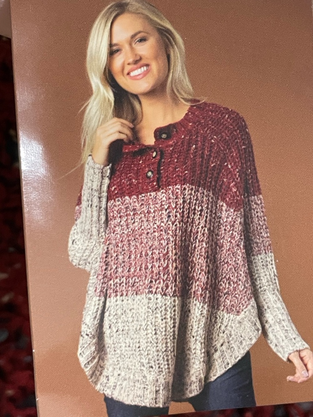 Simply Noelle Marled Colorblock Button-Front Poncho - Red & Cream NWT